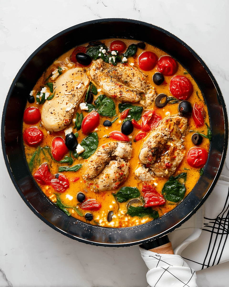 A black skillet filled with a creamy orange sauce, containing four pieces of lightly browned chicken breast arranged in a loose circular pattern. Scattered throughout the sauce are dark green spinach leaves, bright red halved cherry tomatoes, black whole and sliced olives, and small white crumbles of cheese. The sauce has a smooth texture, dotted with herbs and spices that also coat the chicken. The skillet handle is wrapped with a white cloth featuring a simple black grid pattern, and the entire scene is set on a white marbled surface. Photo taken with an iphone --ar 4:5 --v 7