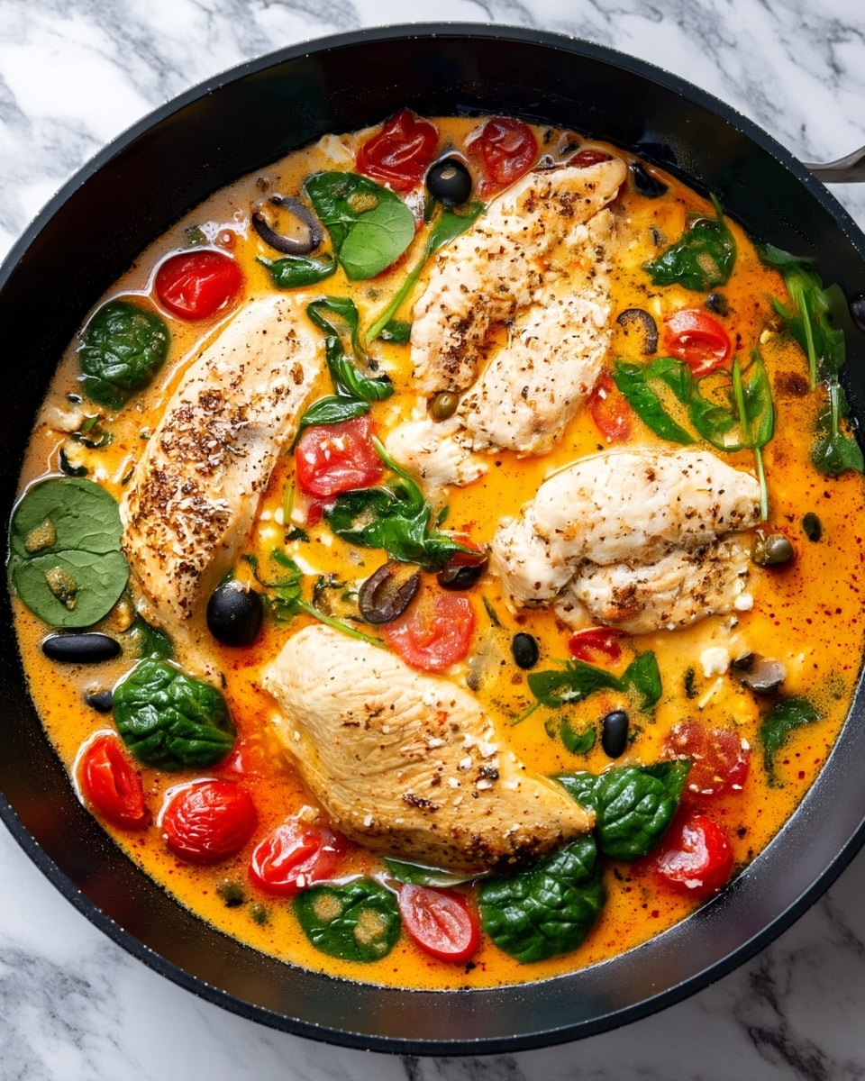 A black pan filled with a creamy orange sauce holds five pieces of cooked chicken breast, seasoned with herbs and spices, showing a light golden brown color with some texture from the seasoning. Scattered around the chicken are bright green spinach leaves fresh and slightly wilted, red cooked cherry tomato halves, black olive slices, and some capers. The sauce is smooth with small bubbles and specks of herbs on top. The setting is on a white marbled surface. photo taken with an iphone --ar 4:5 --v 7