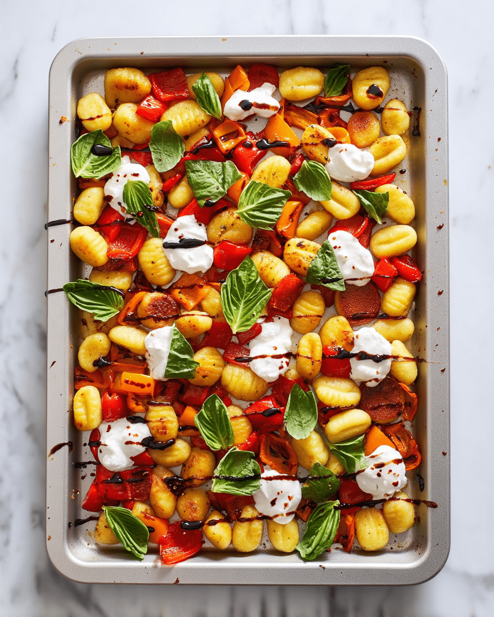 A light gray baking tray is filled with warm, golden brown gnocchi that have a soft, slightly crispy texture. Scattered among the gnocchi are roasted bell pepper pieces in bright red and orange, with slightly charred edges. Fresh green basil leaves are placed on top, adding a leafy texture and deep green color. Small dollops of creamy white sauce are dotted across the dish, with dark brown balsamic glaze drizzled over everything in thin lines. The tray rests on a white marbled surface, enhancing the fresh and warm look of the dish. photo taken with an iphone --ar 4:5 --v 7
