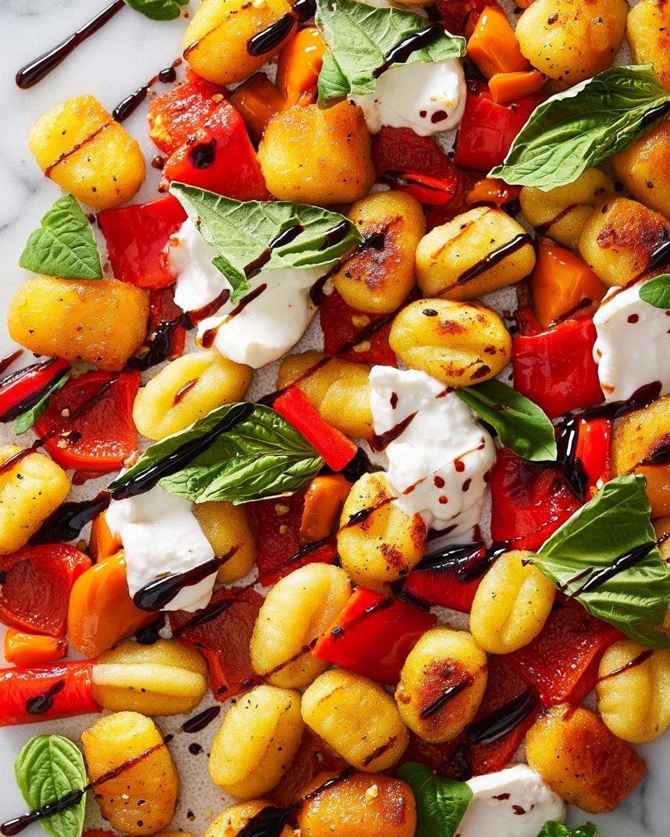 The dish shows a close-up view of golden-brown gnocchi pieces that have a lightly crisp texture on the outside, spread evenly across the frame. Scattered among the gnocchi are pieces of roasted red and orange bell peppers with a slightly charred surface that adds a smoky look. Fresh green basil leaves sit on top, adding a vibrant contrast with their smooth and slightly crinkled texture. Dollops of white creamy cheese are placed sporadically over the gnocchi and peppers, topped with thin dark balsamic glaze drizzles that run across the ingredients, giving a glossy finish. The background is a white marbled texture that brightens the whole image. photo taken with an iphone --ar 4:5 --v 7