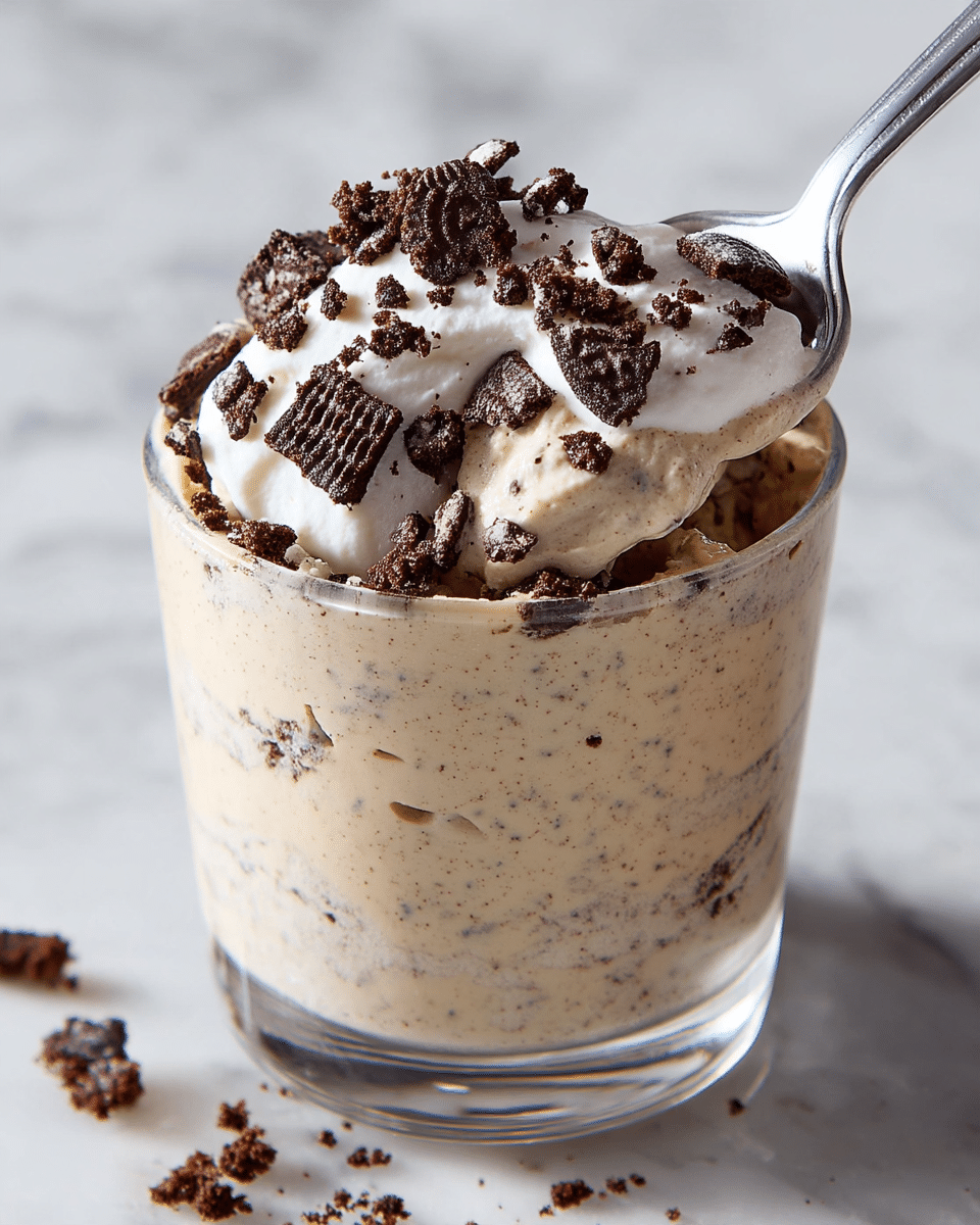 A glass dessert cup holds a creamy ice cream base speckled with fine bits of crushed chocolate cookies, the smooth beige layer filling most of the cup. On top, there is a thick, white whipped cream layer, fluffy and slightly peak-shaped, which is generously sprinkled with uneven pieces of dark chocolate cookies. A spoon is scooping some of the ice cream and whipped cream together with cookie bits, the metal spoon's surface shiny and reflective. The cup stands on a white marbled surface with some scattered cookie crumbs visible around. photo taken with an iphone --ar 4:5 --v 7