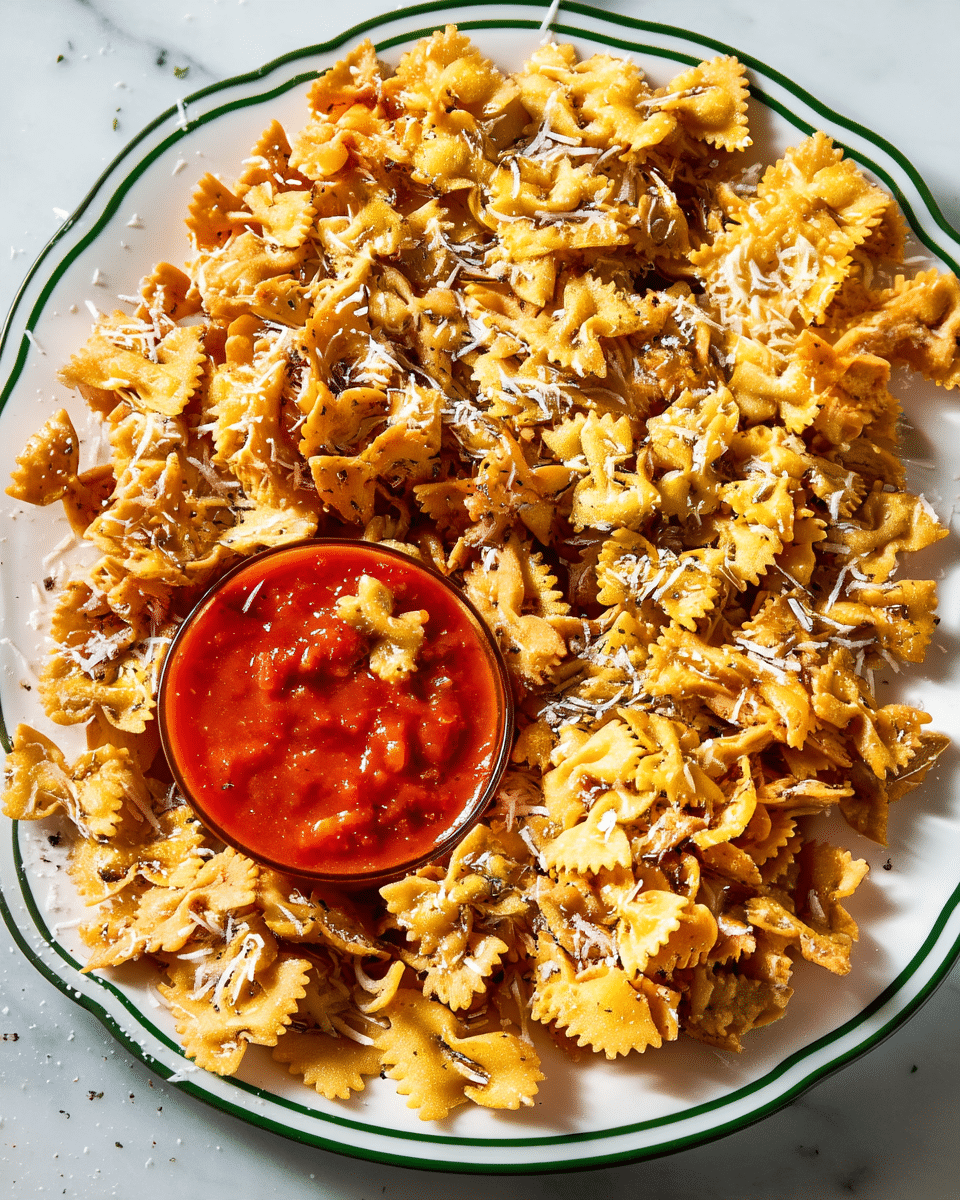 A large white plate with a green rim is filled with many small, golden fried bowtie pasta pieces that have a crispy texture and are sprinkled with fine white grated cheese and black pepper. Near the bottom center of the plate, there is a small white bowl holding thick red marinara sauce with a chunky texture. The background is a white marbled surface. photo taken with an iphone --ar 4:5 --v 7