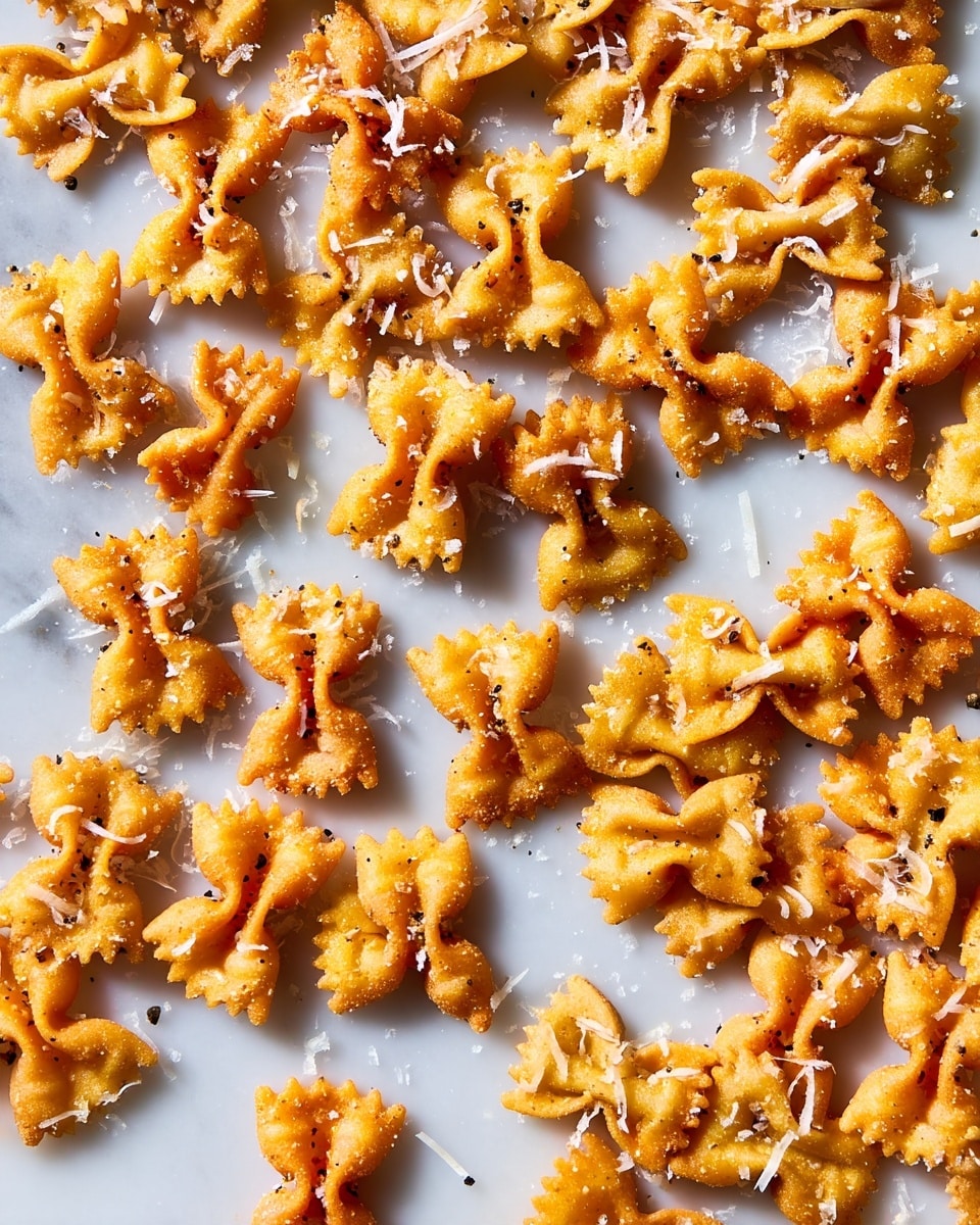 The image shows many small, golden-brown bowtie-shaped pasta pieces scattered on a white marbled surface. Each pasta piece has a crispy texture and is sprinkled with fine, white grated cheese and a few specks of black pepper, adding contrast to the warm orange hues of the pasta. The pasta shapes have ridged edges and some slight folds, giving them a three-dimensional look. The lighting highlights the crunchy texture and cheese shreds sprinkled unevenly across the scene. photo taken with an iphone --ar 4:5 --v 7
