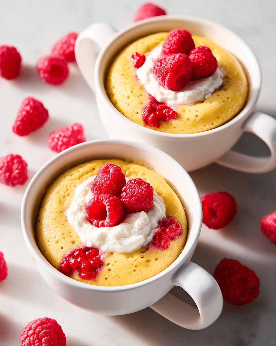 Two white mugs sit on a white marbled surface, each filled with a soft, yellow sponge-like cake layer topped with scattered bright red raspberry pieces, giving a textured, juicy look. On top of each cake, there is a dollop of smooth white cream with a few whole raspberries placed in the center. Around the mugs, fresh whole raspberries are casually spread on the surface, adding pops of red color. The scene is brightly lit, emphasizing the fresh and soft textures of the cake and berries. photo taken with an iphone --ar 4:5 --v 7