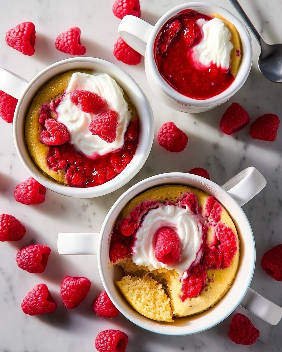 The image shows three white mugs filled with a light yellow sponge cake base, each topped with a dollop of white cream and bright red raspberry sauce spread unevenly on one side of the cream. On top of each cream layer, fresh whole raspberries are placed, adding texture and color contrast. One mug has a spoon inside, breaking into the cake layers, revealing the soft texture underneath. Around the mugs, there are scattered fresh raspberries on a white marbled surface, and a silver spoon is placed near the top right corner. photo taken with an iphone --ar 4:5 --v 7