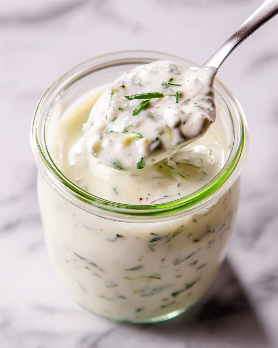 The image shows a close-up of a jar filled with thick creamy white sauce that has small green herb pieces mixed in. A silver spoon is scooping up the sauce, highlighting its smooth and slightly chunky texture with visible green flecks. The jar is clear, revealing the sauce inside, and it sits on a white marbled surface that adds a clean and bright background to the image. photo taken with an iphone --ar 4:5 --v 7