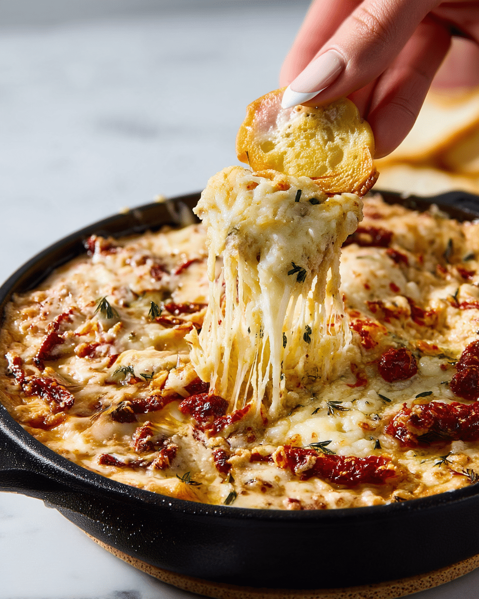 A close-up view of a black cast iron pan filled with a layered cheesy dip; the bottom layer looks creamy with light colors and bits of herbs, the top layer is melted golden cheese mixed with pieces of sun-dried tomatoes and green herb leaves scattered throughout, creating a slightly textured surface. A woman's hand with manicured nails is lifting a round toasted golden-brown chip from the pan, pulling long, stretchy strands of melted cheese upward. The scene is set on a white marbled surface. photo taken with an iphone --ar 4:5 --v 7