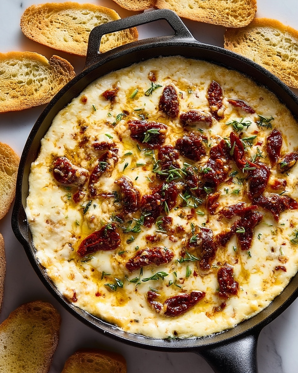 The dish is a creamy baked dip served in a black cast iron pan, filled with a smooth, pale yellow cheese layer melted evenly on top with browned crispy edges. Mixed within and on the surface are dark red sun-dried tomato strips and small green herb leaves scattered throughout, adding texture and color contrast. Around the pan, there are several toasted golden brown bread slices, placed on a white marbled surface. The surface of the dip shows a slightly oily shine with browned bits giving a rich, appetizing look. Photo taken with an iphone --ar 4:5 --v 7