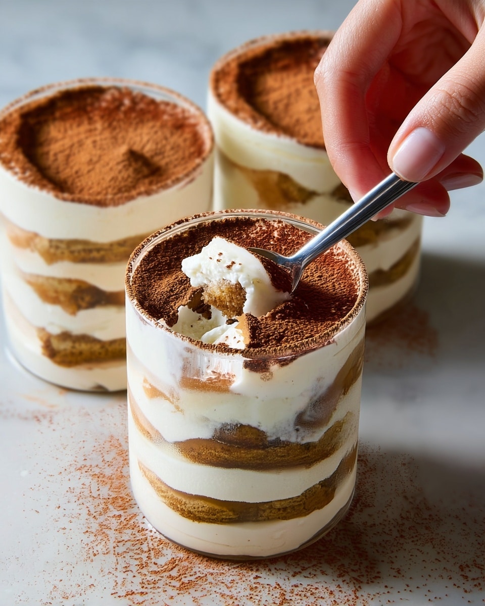 A close-up view of three white clear glass cups filled with a dessert that has four thick layers of creamy white mousse alternating with three layers of soft light brown cake or biscuit soaked in coffee or similar. The top layer is dusted evenly with a fine cocoa powder, creating a rich brown color on top. One cup in the front shows a woman's hand holding a silver spoon scooping into the soft white mousse under the cocoa. The cups rest on a white marbled surface with cocoa powder lightly scattered around. photo taken with an iphone --ar 4:5 --v 7