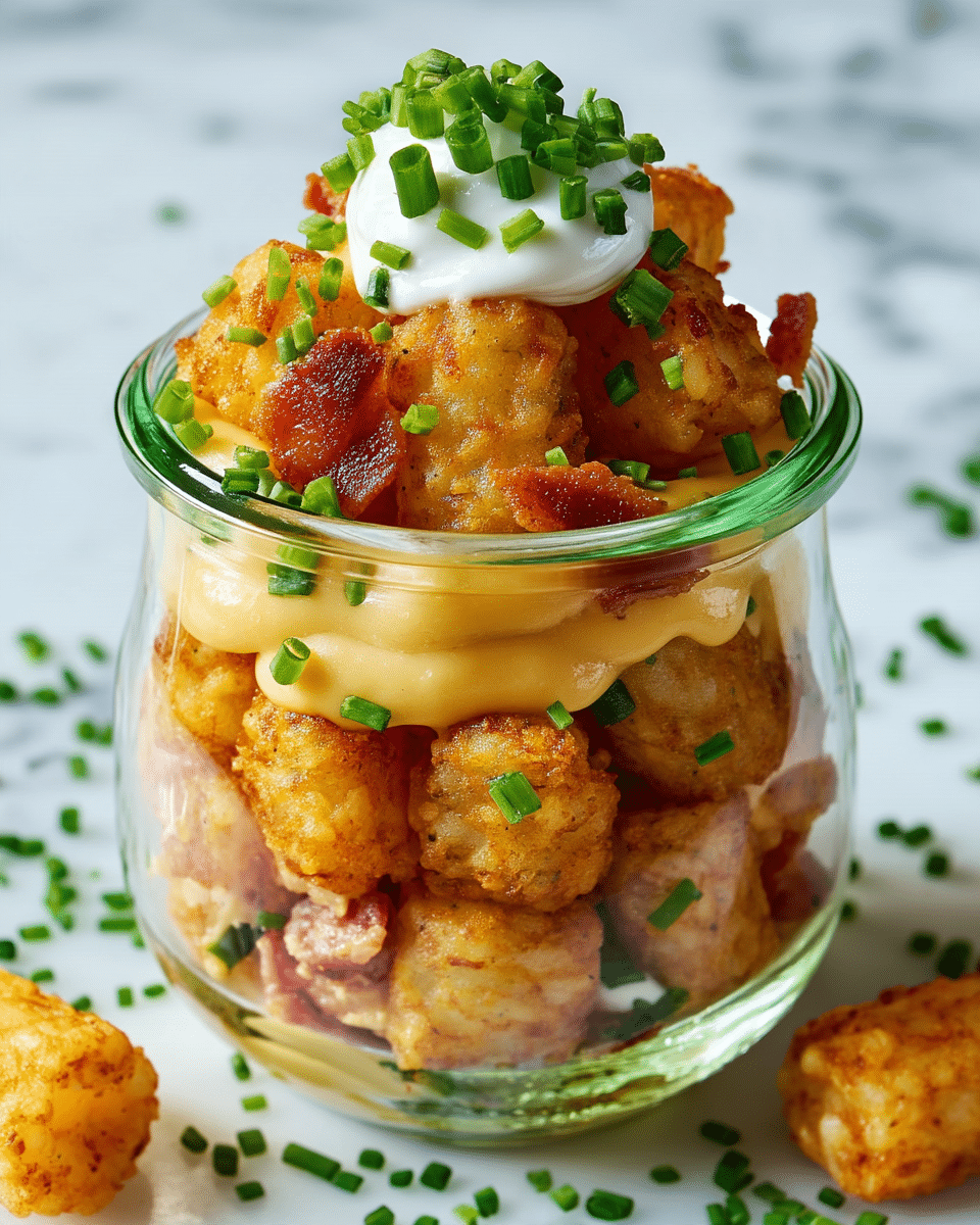 In a clear glass jar, there are four layers; the bottom layer is crispy golden brown tater tots, with bits of green chives scattered inside. The second layer is a smooth, creamy cheese sauce in a light yellow color, sitting on top of the tater tots. Above the cheese sauce, pieces of cooked bacon bits in reddish-brown color are visible, mixed with more crispy tater tots. The top layer features a dollop of white sour cream garnished generously with freshly chopped bright green chives, all presented on a white marbled surface with more chives sprinkled around and a few tater tots lying beside the jar. Photo taken with an iphone --ar 4:5 --v 7