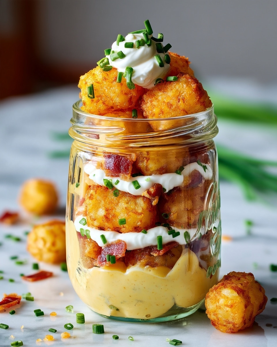 The dish is served in a clear glass jar filled with multiple layers of crispy golden-brown tater tots and bits of crispy bacon mixed inside. Between these layers, there are drizzles of smooth, pale yellow cheese sauce and white sour cream, both garnished with small bright green chopped chives. On top of the jar, a few tater tots sit with a dollop of white sour cream and extra chopped chives for decoration. The jar is placed on a white marbled surface, scattered with crumbs and more chopped chives, with one tater tot beside the jar. The image has soft lighting highlighting the warm textures. photo taken with an iphone --ar 4:5 --v 7