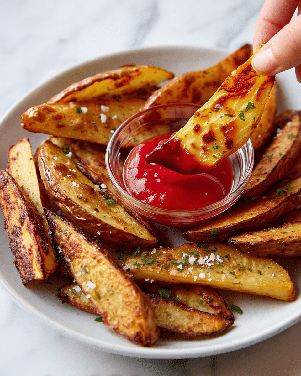 The image shows a white plate filled with thick potato wedges that are golden brown with crispy edges and a slightly charred texture. The potato wedges are sprinkled with coarse salt and small bits of green herbs. In the middle of the plate is a small clear glass bowl filled with bright red ketchup that has a smooth, thick texture. A woman's hand is dipping one potato wedge into the ketchup, showing the wedge’s detailed browned surface and the glossy red sauce clinging to the tip. The plate sits on a white marbled surface. photo taken with an iphone --ar 4:5 --v 7
