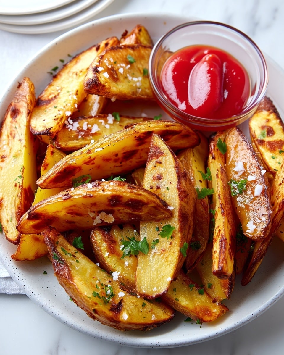 A white plate holds a pile of golden-brown potato wedges, each with crispy, slightly charred edges and a soft yellow interior. The wedges are sprinkled with coarse salt and small green parsley leaves, adding texture and color contrast. On the side of the plate, a clear glass bowl is filled with bright red ketchup, its smooth surface catching the light. The plate sits on a white marbled surface with partial views of stacked white plates nearby. photo taken with an iphone --ar 4:5 --v 7