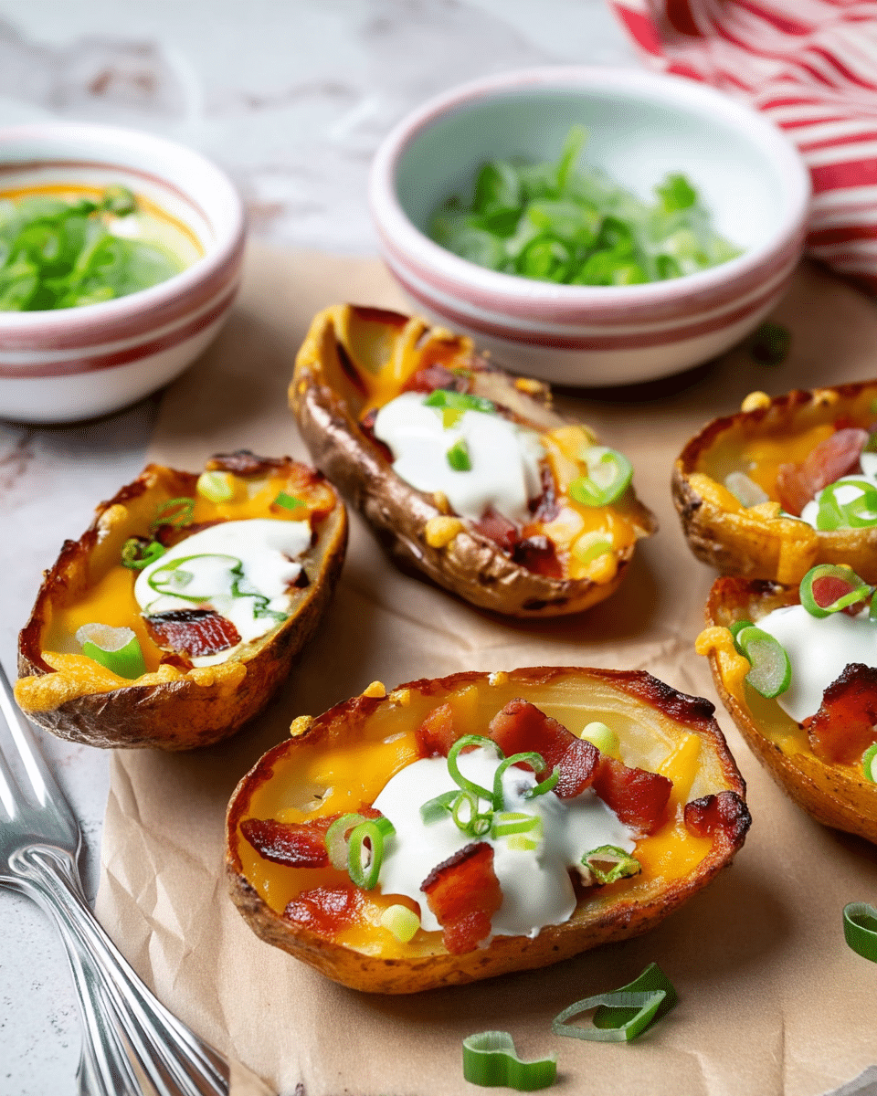 The image shows several potato skins arranged on light brown parchment paper over a white marbled surface. Each potato skin has a crispy brown outer shell filled with colorful layers: golden melted cheddar cheese, small crispy pieces of reddish-brown bacon, a dollop of white sour cream on top, and finely chopped bright green spring onions scattered over everything. In the background, a white bowl with red stripes holds extra sour cream garnished with green onions. A silver fork is visible on the left side near the bottom. photo taken with an iphone --ar 4:5 --v 7