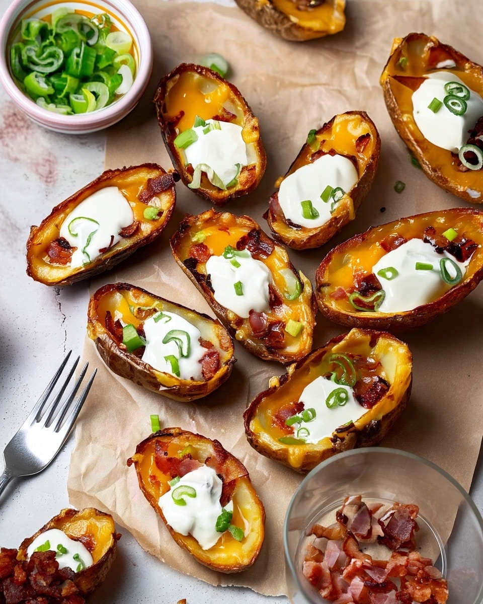 The image shows several potato skins arranged on brown parchment paper over a white marbled surface. Each potato skin has three visible layers: a crispy, golden-brown outer shell, a melted orange-yellow cheddar cheese layer inside, and a topping of small crispy bacon pieces. On top of the bacon and cheese, there is a dollop of white sour cream, garnished with bright green chopped scallions. To the left side, there is a small white bowl with colorful stripes filled with more green scallions. A silver fork and part of a glass bowl with bacon bits are also slightly visible near the edges. The overall look is warm, crispy, and creamy, with good color contrasts. Photo taken with an iphone --ar 4:5 --v 7