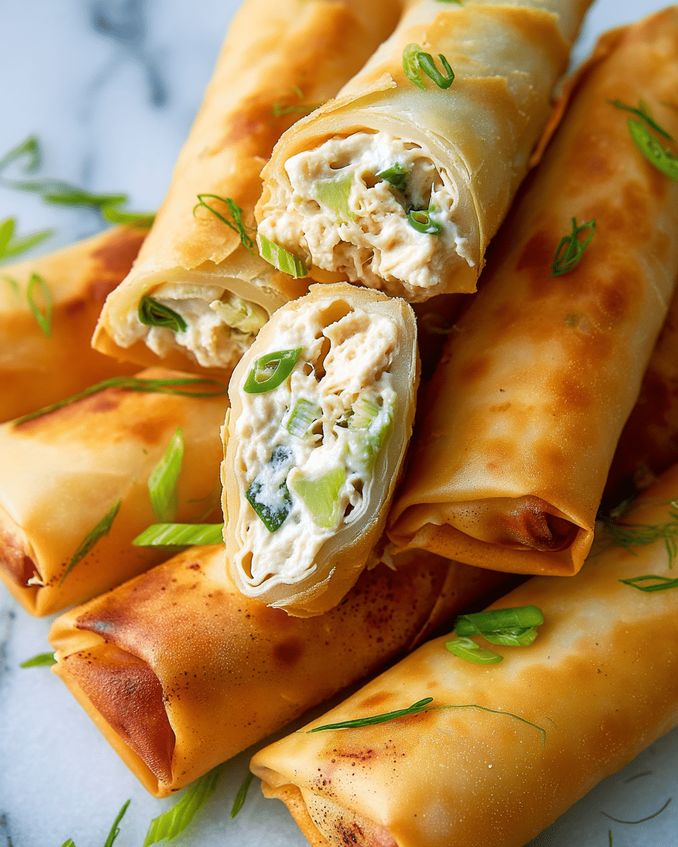 A close-up view of several golden brown spring rolls arranged in a pile on a white marbled surface, with a focus on one spring roll cut open in the center. The cut spring roll reveals three layers: the thin, crispy golden outer shell, a creamy white filling mixed with light green slices of scallion, and bits of darker green scallion pieces scattered throughout. The rolls are garnished with small pieces of fresh green scallion on top, enhancing the texture and color contrast. Photo taken with an iphone --ar 4:5 --v 7