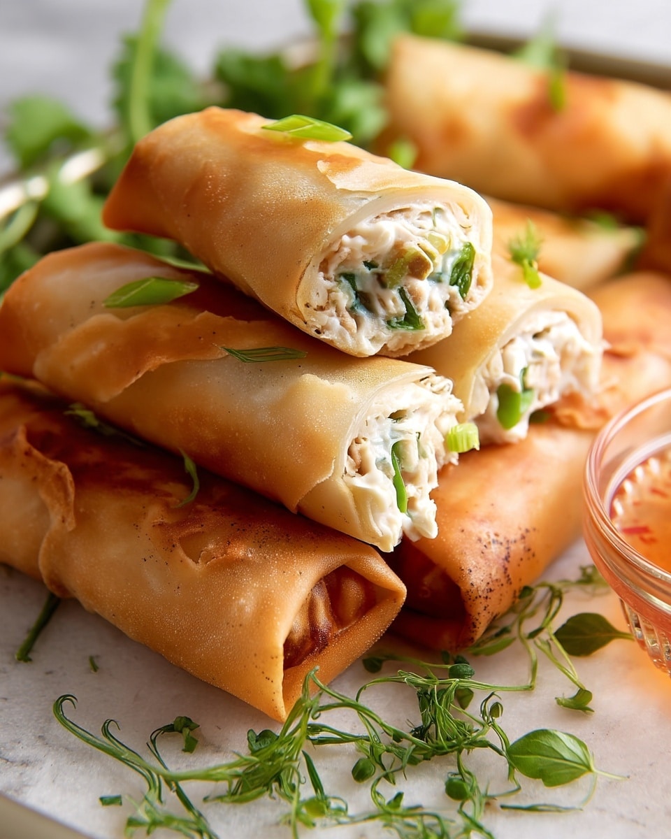 The image shows a tray filled with golden brown fried spring rolls, with a close-up focus on three cut spring rolls stacked on top, showing their creamy white filling mixed with chopped green vegetables. The spring rolls have a smooth, thin, and slightly crispy outer layer, lightly browned with a soft texture. Fresh green herbs are sprinkled on top of the rolls and around them on the white marbled tray. A small glass bowl with a transparent orange dipping sauce is visible at the lower right corner. The photo taken with an iphone --ar 4:5 --v 7