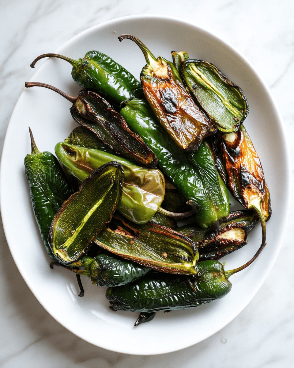 A white plate holds a pile of roasted green peppers, each cut in half lengthwise, showing a mix of dark green, light green, and brown colors. The skins are wrinkled and charred, with some edges blackened slightly, and the inside textures appear soft and shiny. The peppers are layered naturally over each other with some stems still attached, creating a rustic and fresh look. The plate sits on a white marbled surface. photo taken with an iphone --ar 4:5 --v 7