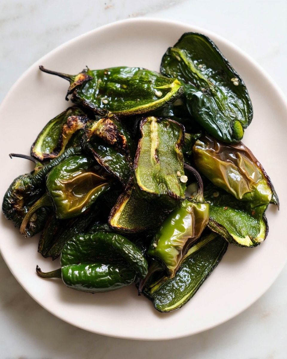 A white plate holds a pile of roasted green peppers, some whole and some cut in halves, showing their wrinkled and slightly charred dark green skin with brown edges. The peppers have a shiny, oily texture, with the inner side lighter green and seeds visible in some pieces. The plate is set on a white marbled surface, highlighting the deep green and brown colors of the roasted peppers. photo taken with an iphone --ar 4:5 --v 7