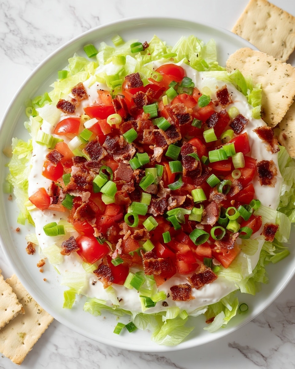 A white plate with a thick, smooth layer of creamy white sauce spread evenly on the base. On top, there is a fresh layer of light green, crisp chopped lettuce. The third layer is bright red diced tomatoes scattered evenly over the lettuce. Crispy, small pieces of browned bacon are spread over the tomatoes, adding a crunchy texture. The top layer features bright green chopped scallions, adding a pop of color. Some white crackers with specks of seasoning are placed around the edge of the plate. The dish is set on a white marbled surface. photo taken with an iphone --ar 4:5 --v 7