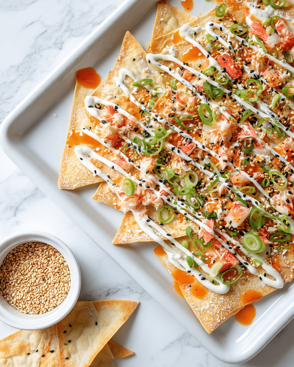 A white tray filled with crispy pale golden tortilla chips topped with small chunks of orange and white crab meat, thin slices of light green scallions, and drizzles of creamy white sauce mixed with glossy orange sweet chili sauce. The chips have a slightly rough texture with some scattered black sesame seeds. Next to the tray, there are a few loose tortilla chips, similar in color and texture, laid on a white marbled surface along with a small white bowl filled with pale toasted sesame seeds. The overall look is fresh and bright with a mix of smooth and crisp textures. photo taken with an iphone --ar 4:5 --v 7
