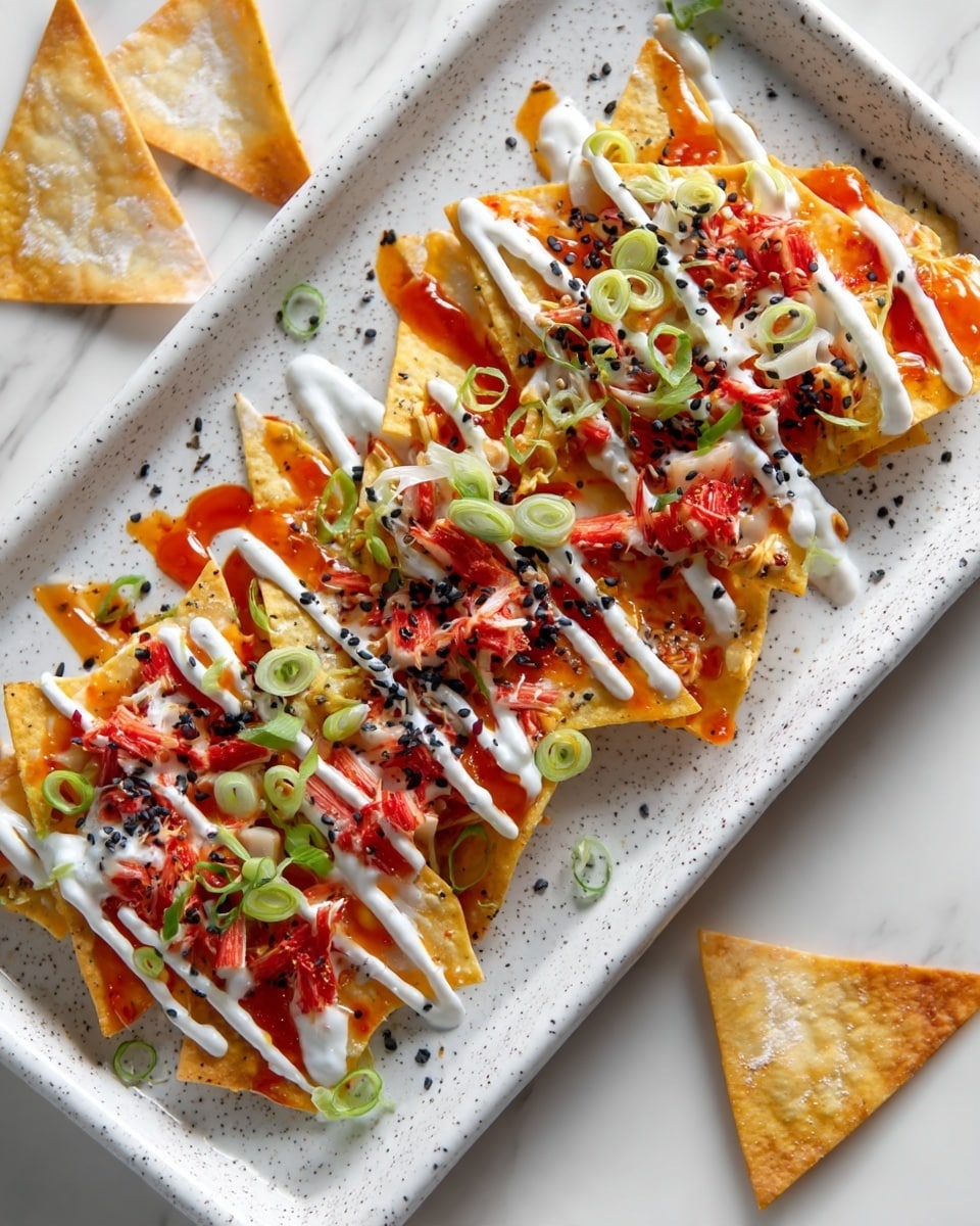 A rectangular white speckled tray holds layered golden crispy tortilla chips with a crunchy texture, topped with white creamy sauce drizzles and shiny orange sweet chili sauce. Scattered on top are bright red and white chunks of imitation crab and thinly sliced green onions, adding color and freshness. Some black sesame seeds and chili flakes sprinkle over the dish, providing contrast and spice. Several triangular chips are placed outside the tray on a white marbled surface. Photo taken with an iphone --ar 4:5 --v 7