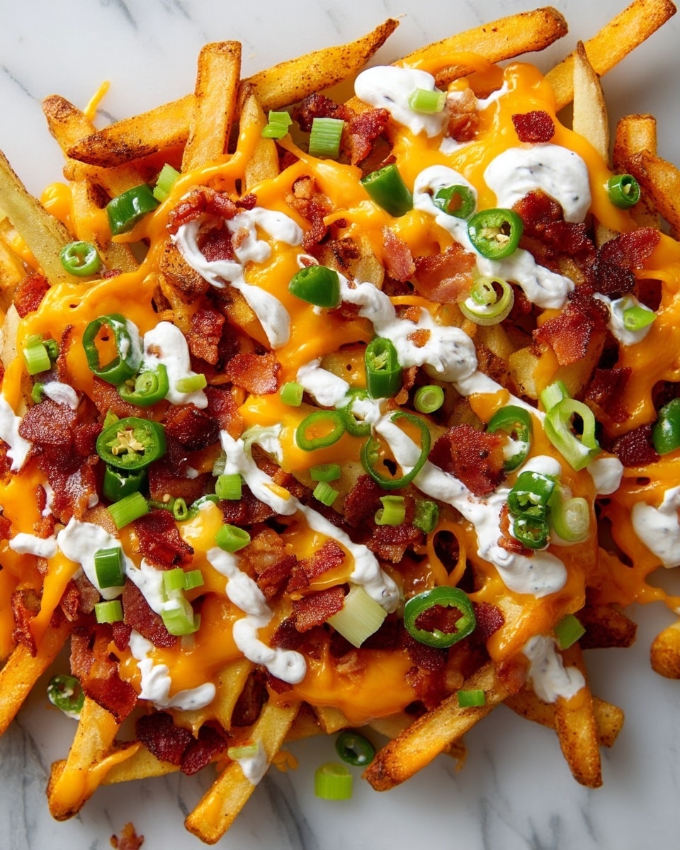 This close-up shows a big plate of loaded fries with about three main layers. The bottom layer is golden fries with a slightly crispy look and light brown seasoning. On top of that, there are chunks of melted bright orange cheddar cheese spread unevenly among the fries. Scattered across the cheese are small pieces of crispy dark brown bacon and bright green-sliced jalapeño peppers and chopped green onions. The top layer features blobs and drizzles of creamy white sour cream spread all over, giving a smooth texture contrast. The fries rest on a white marbled surface. photo taken with an iphone --ar 4:5 --v 7