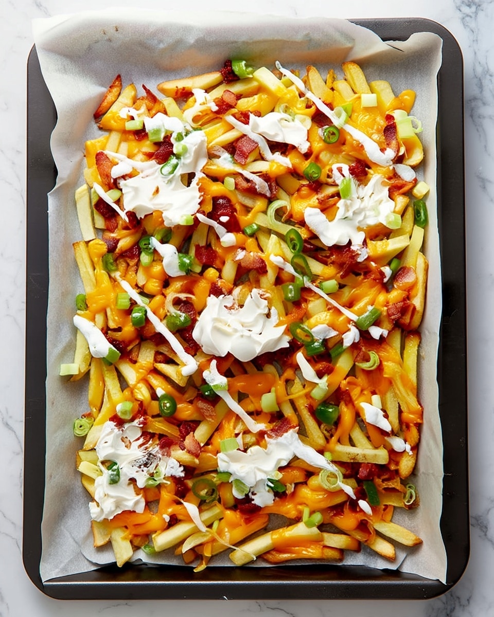 A tray lined with parchment paper holds a single layer of pale golden French fries as the base. Over this base is melted bright orange cheddar cheese spread unevenly, covering many fries but leaving some visible. Scattered on top are small, crispy dark brown bacon pieces and fresh green sliced jalapeño rings and chopped green onions. Dollops of thick, white sour cream are placed across the dish, with some thin drizzles adding a final contrast in texture. The tray sits on a white marbled surface. photo taken with an iphone --ar 4:5 --v 7