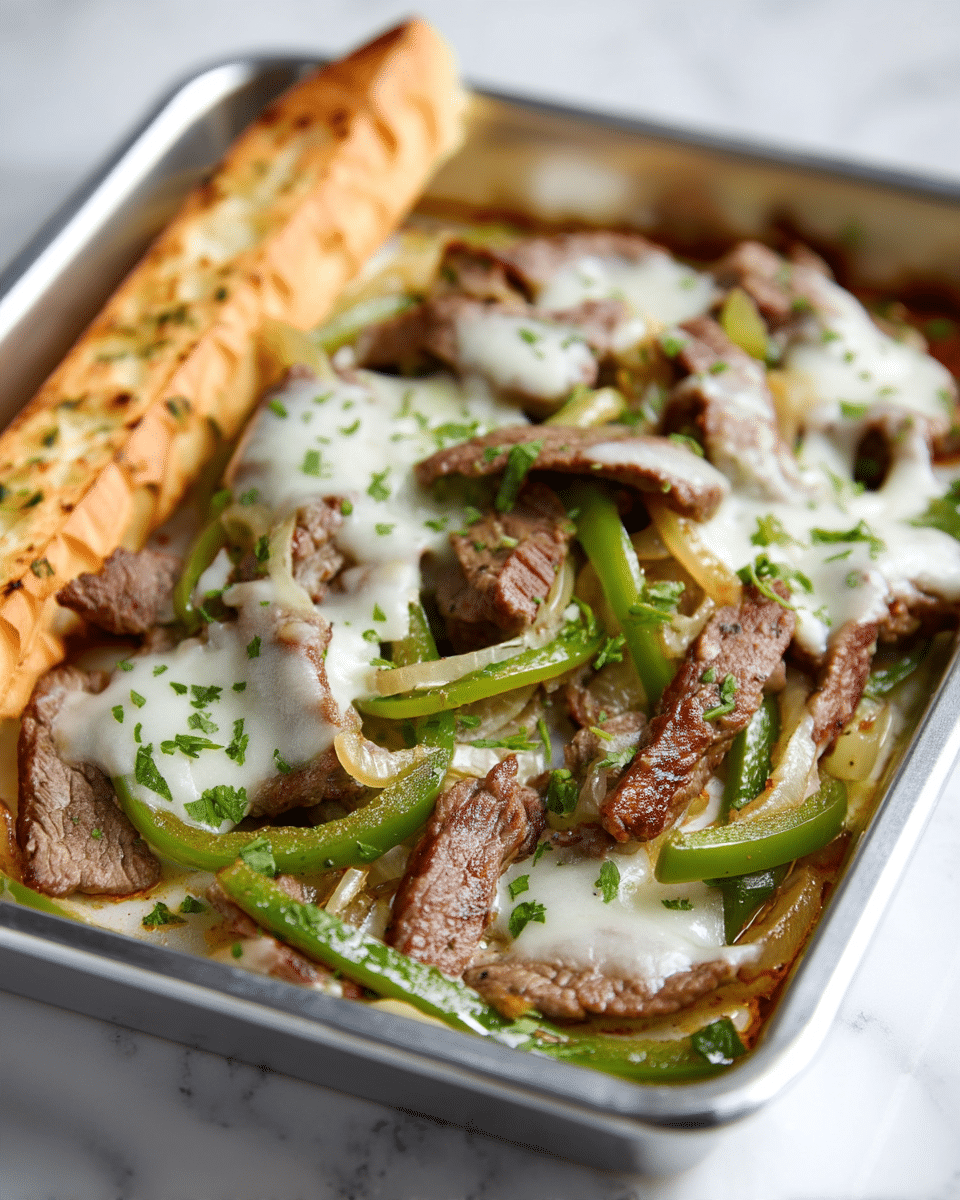 A close-up of a metal baking tray filled with cooked sliced beef strips as the top layer, mixed with soft cooked green bell pepper strips and light brown cooked onion slices scattered throughout. Melted white cheese is draped unevenly over the beef and vegetables, with a sprinkle of finely chopped green herbs on top. In the background, part of a golden brown toasted breadstick can be seen. The tray sits on a white marbled surface. photo taken with an iphone --ar 4:5 --v 7