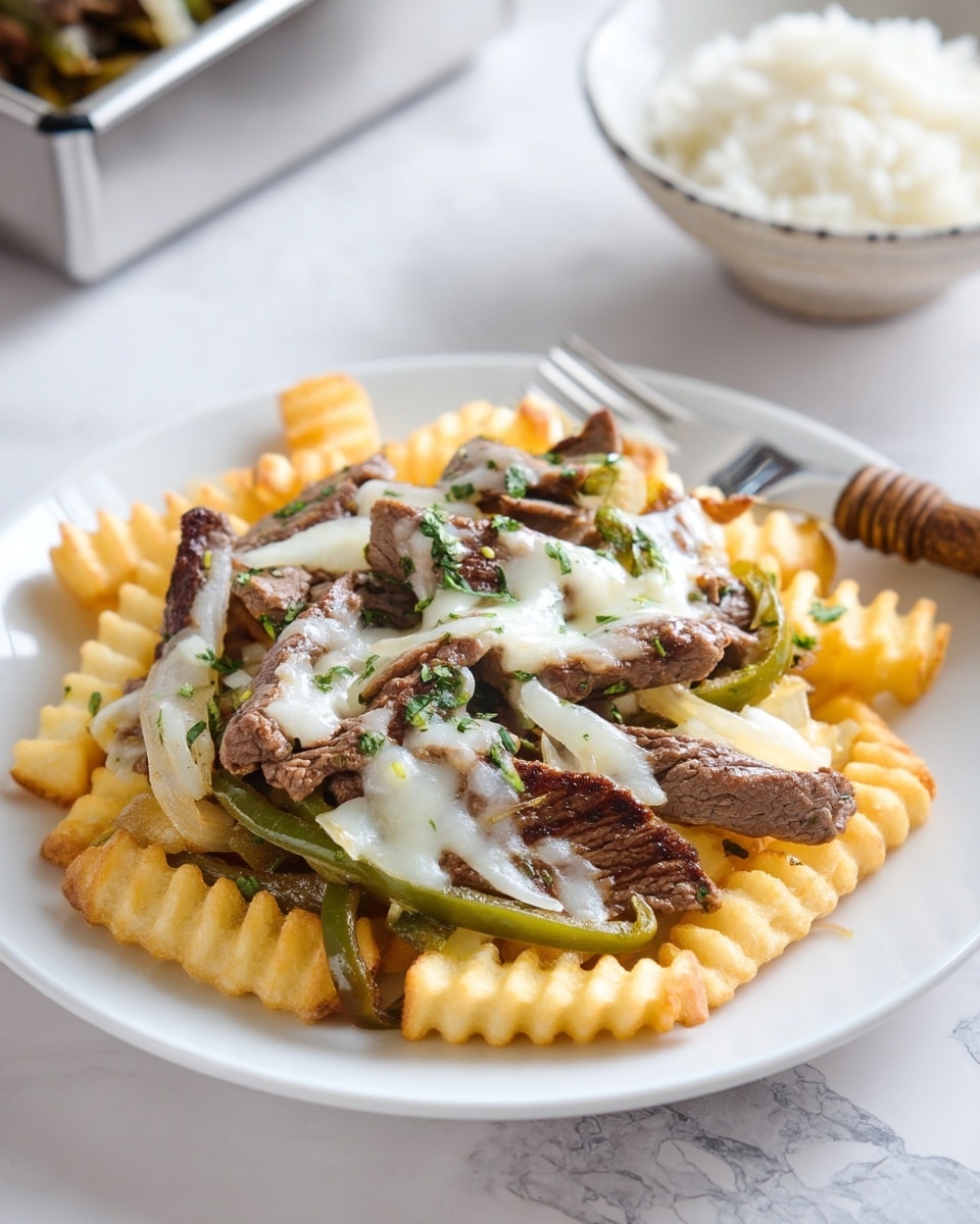 A white plate holds three layers: on the bottom are crinkle-cut golden fries with a slightly crispy texture, topped with a layer of cooked green bell pepper and translucent sautéed onions, and finished with several pieces of grilled brown steak strips covered in melted white cheese and sprinkled with finely chopped green herbs. To the right side of the plate, there is a wooden-handled fork resting on the edge. The background is a white marbled surface with a white bowl of plain white rice slightly out of focus in the upper right area and a metallic container with food on the left. Photo taken with an iphone --ar 4:5 --v 7