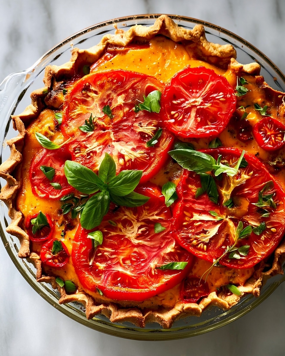 A round pie with a golden brown crust that has a crimped edge, filled with a layer of melted orange cheese and topped with several thin, large, bright red tomato slices. There are smaller tomato slices scattered around the larger ones. Fresh green basil leaves and small chopped herbs are sprinkled on top, adding a pop of color. The pie is in a clear glass dish, placed on a surface with a white marbled texture. Photo taken with an iphone --ar 4:5 --v 7