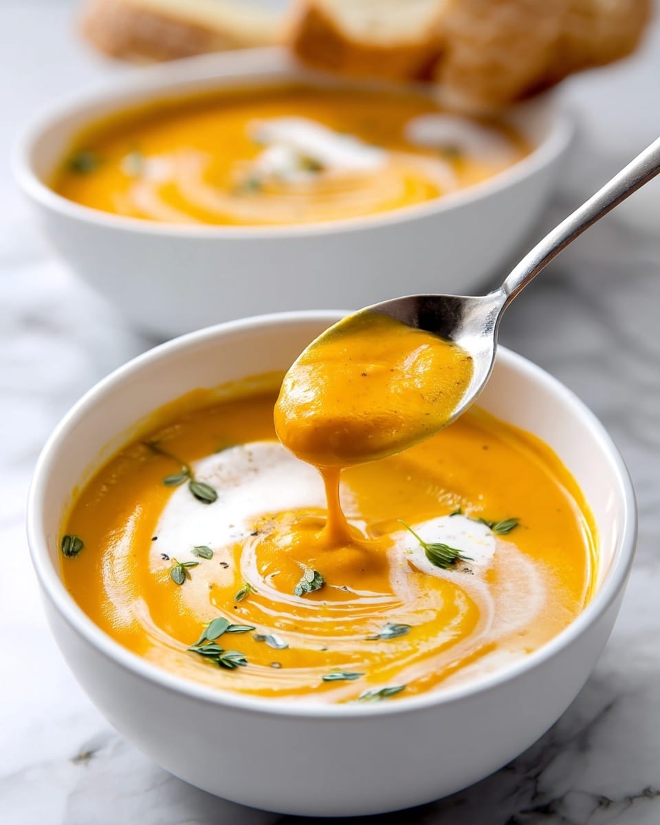 A white bowl filled with smooth orange soup, topped with a swirl of white cream and small green herb leaves scattered on top. A silver spoon is dipping into the soup, lifting a thick scoop that shows the creamy texture. In the background, another white bowl with the same soup and some pieces of light bread are partially visible, all placed on a white marbled texture. photo taken with an iphone --ar 4:5 --v 7