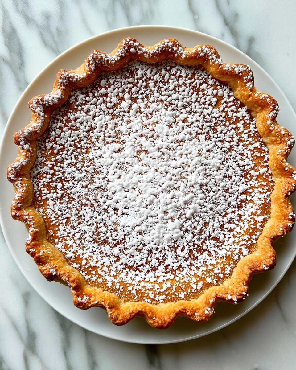 A close-up of a slice of pie on a white plate shows three main layers: a thick golden crust with a flaky texture at the bottom, a smooth yellow filling in the middle that looks rich and creamy, and a top layer of browned crust dusted in white powdered sugar giving a soft, snowy look. The pie edges are crinkled and darker brown, showing a crisp texture. The background is a white marbled texture with part of the remaining pie visible in a clear glass dish behind the slice. photo taken with an iphone --ar 4:5 --v 7