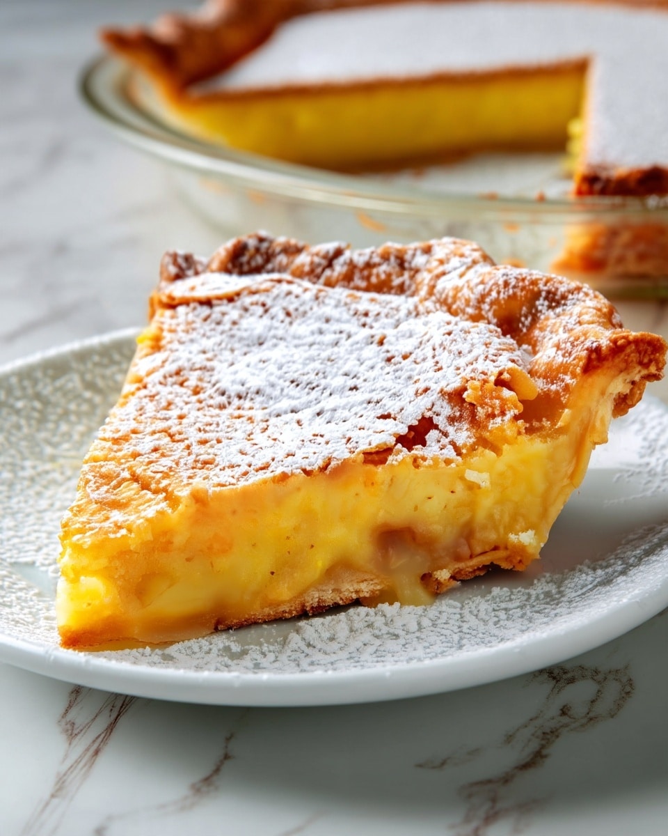 A single-layer pie with a golden brown crust that is crimped around the edges, sitting on a white plate. The filling is smooth and slightly darker golden brown, completely covered with a fine dusting of white powdered sugar, giving a soft, textured look on top. The pie rests on a surface with a white marbled texture. Photo taken with an iphone --ar 4:5 --v 7