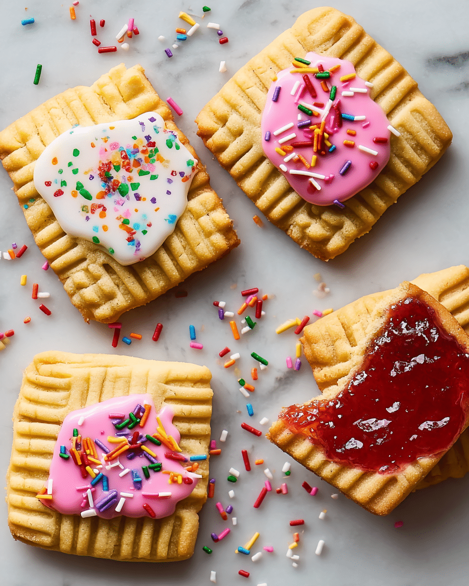 Several square toaster pastries with a golden brown crust are spread on a white marbled surface, each topped with a layer of icing either pink or white. The icing is thick and somewhat uneven, topped with colorful sprinkles that add texture and brightness. One pastry is broken in half, revealing a red fruit filling inside. Sprinkles are also scattered around the pastries on the surface, making the scene lively. The focus is close-up, capturing the crumbly texture of the crust and the smooth, glossy icing. photo taken with an iphone --ar 4:5 --v 7