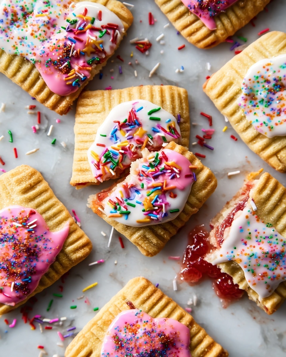 The image shows four square cookies with a quilted texture, each topped with a dollop of icing and colorful sprinkles. Three cookies have smooth icing in white or pink colors spread unevenly on top, with a mix of small rainbow-colored sprinkles scattered over the icing. The fourth cookie is broken in half, revealing a red jam layer inside beneath white icing and sprinkles. The cookies are placed on a white marbled surface. photo taken with an iphone --ar 4:5 --v 7