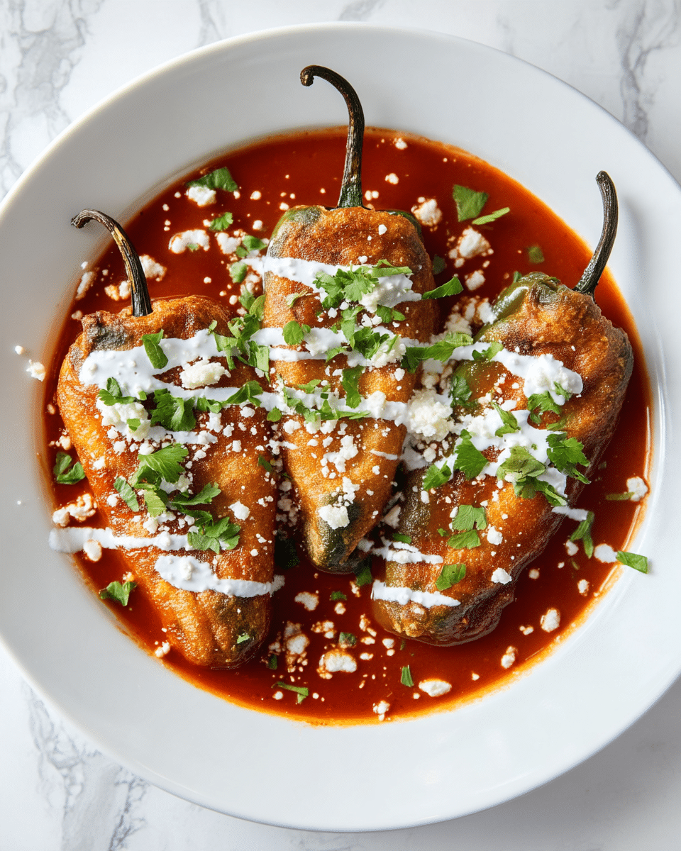 A white plate with three golden-brown fried stuffed peppers, each with a dark green stem; they sit in a thick, rich red sauce that covers the bottom of the plate. The peppers are topped with a white creamy sauce drizzled across them, along with crumbled white cheese sprinkled over the top. Small pieces of chopped green herbs are scattered on and around the peppers, adding freshness and color contrast. The plate rests on a white marbled surface photo taken with an iphone --ar 4:5 --v 7