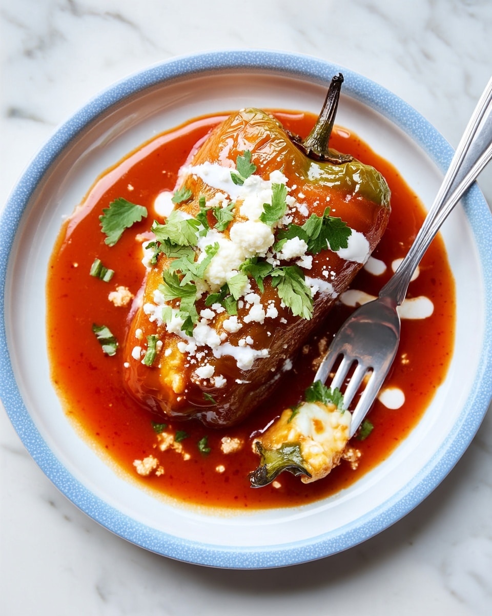 A golden brown stuffed chili pepper sits on a white plate with a light blue rim, surrounded by a pool of rich, red tomato sauce. The pepper is topped with streaks of white cream and sprinkled with small green cilantro leaves and crumbled white cheese. The pepper is cut open near the bottom, revealing melted white cheese inside. A silver fork holds the cut piece lifted slightly off the plate. The whole scene is set against a white marbled surface. Photo taken with an iphone --ar 4:5 --v 7