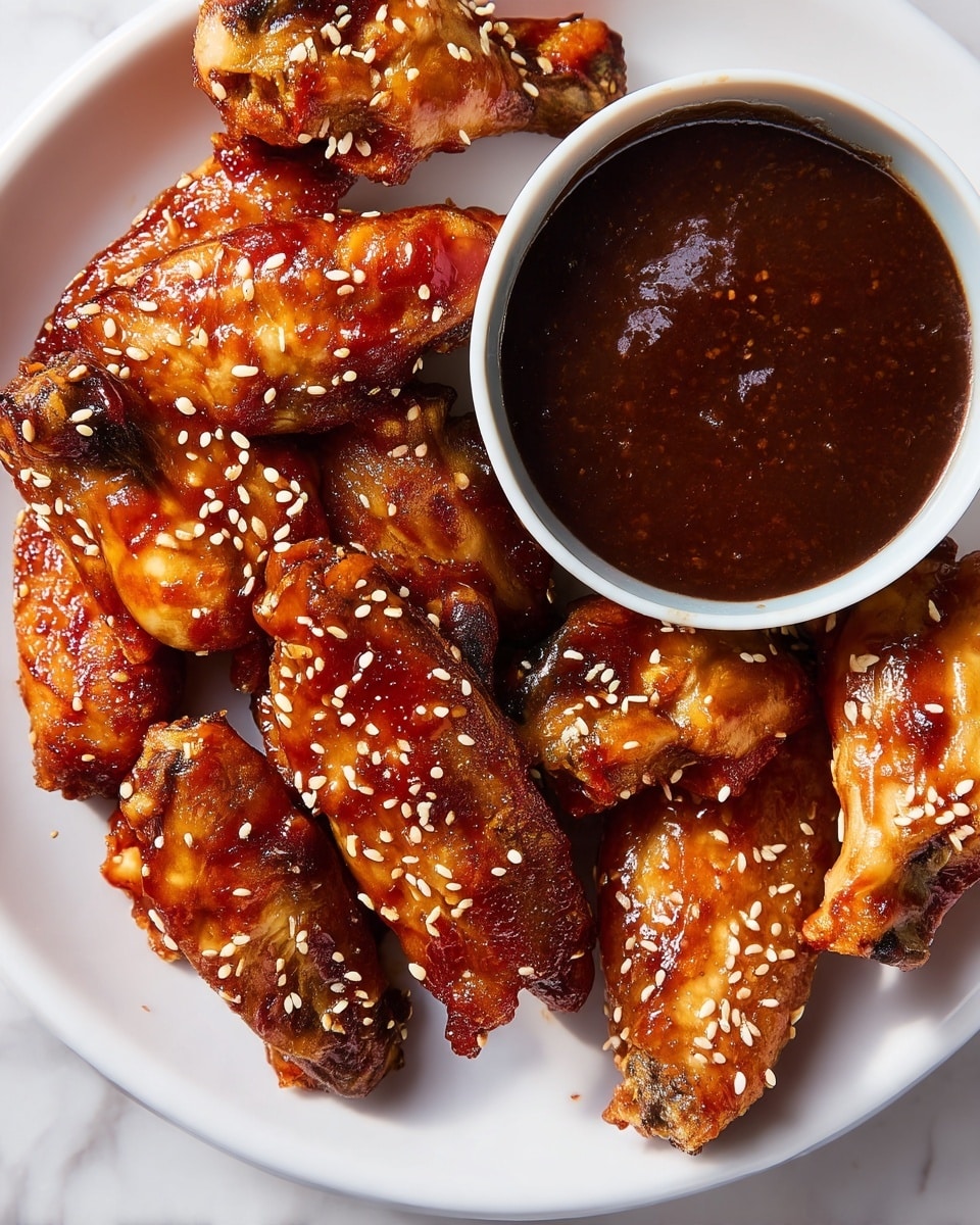 A close-up of a single chicken drumstick held by a woman's hand at the top, covered in thick, shiny reddish-brown sauce that glistens with a sticky texture; the drumstick is sprinkled with small white sesame seeds, and a drop of the sauce is falling from the bottom tip, all set against a white marbled texture background. photo taken with an iphone --ar 4:5 --v 7