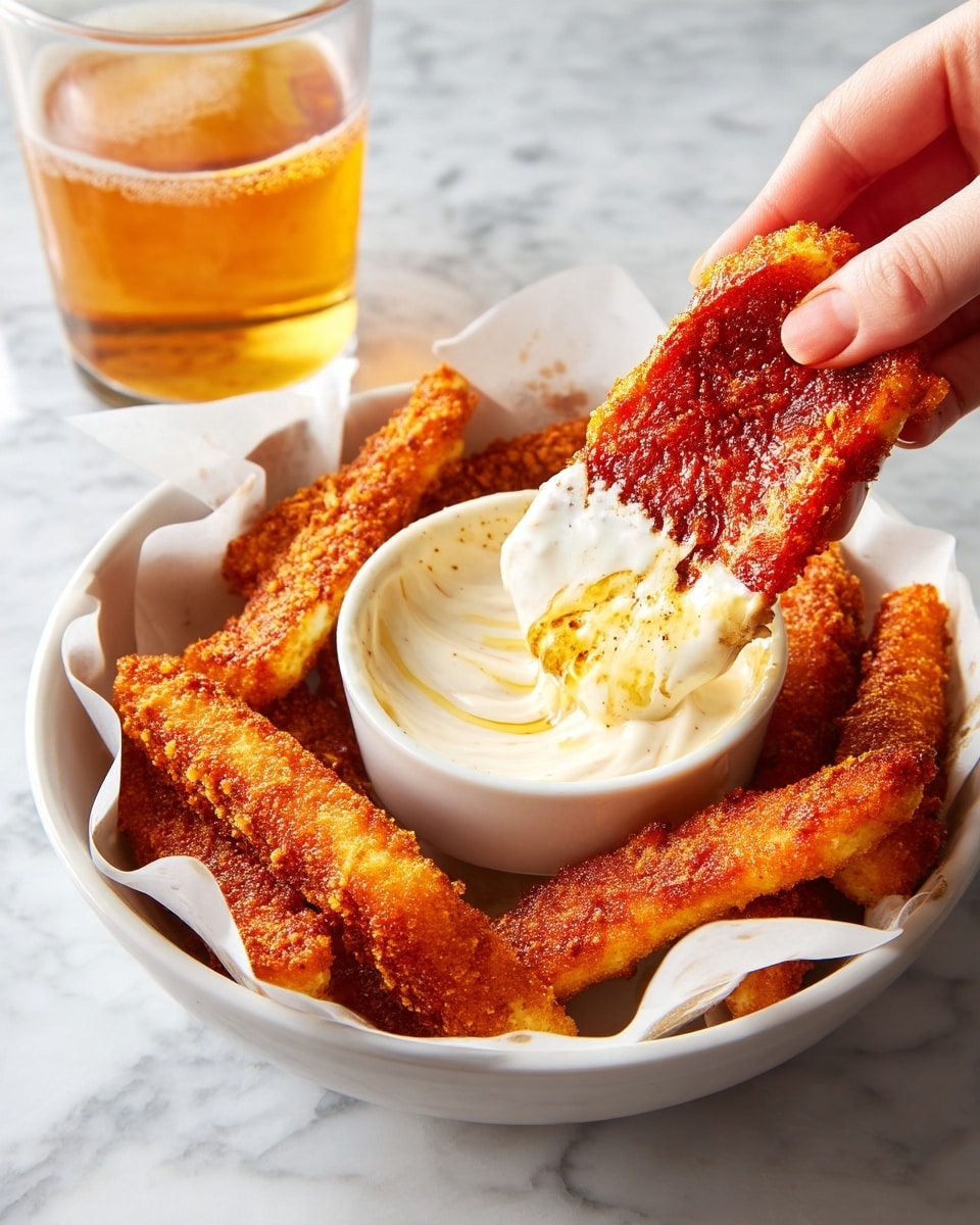 A white bowl holds golden brown, crunchy fried sticks coated in a rough, crispy layer. One stick is held by a woman's hand, dipping into a thick, creamy white sauce inside a small white dipping cup filled halfway. The sauce has a smooth texture with swirls of light yellow oil on top. The bowl is lined with white parchment paper, and a bubbly amber drink in a clear glass is visible in the background against a white marbled texture. photo taken with an iphone --ar 4:5 --v 7