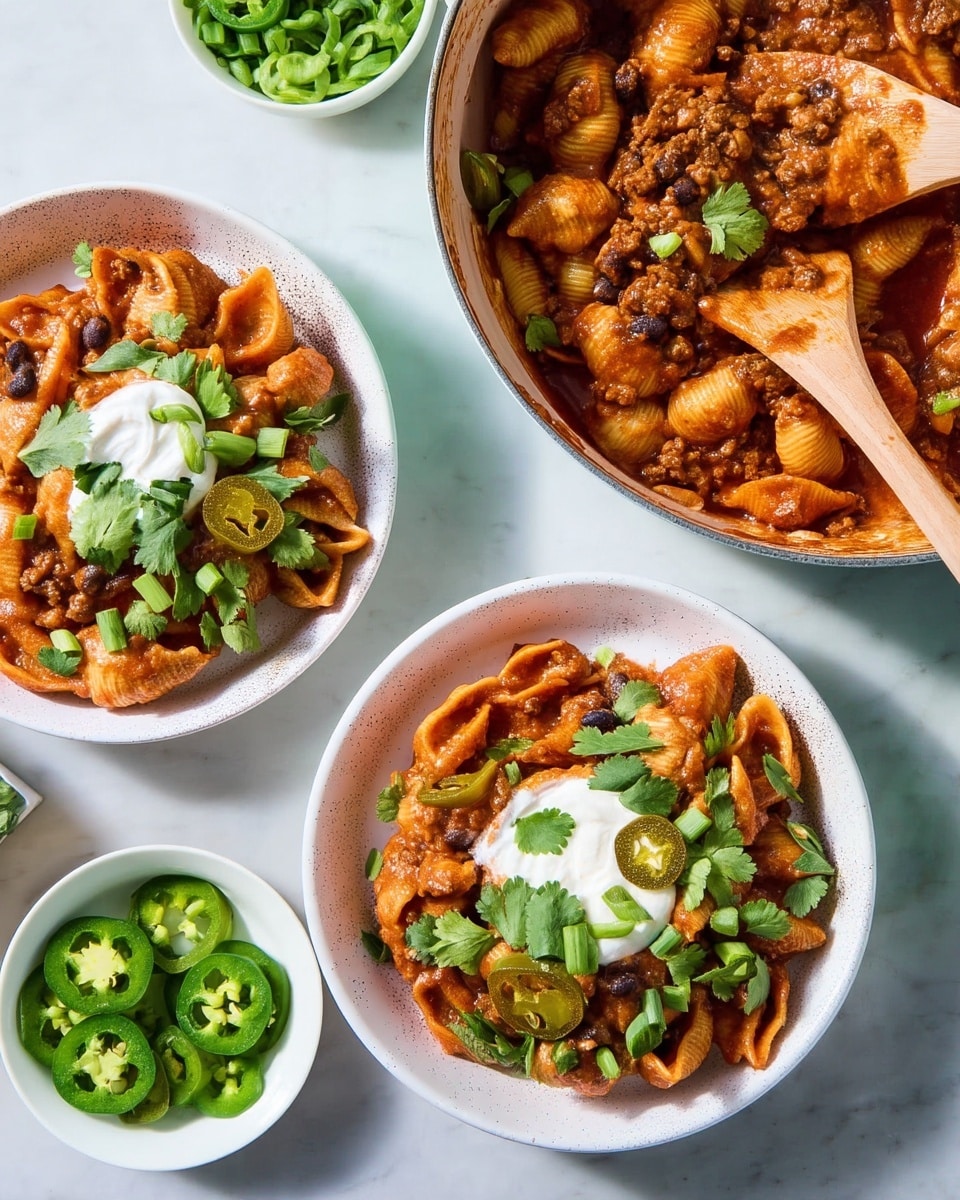 The image shows two white bowls filled with pasta shells covered in a rich, reddish-brown meat sauce with visible chunks of ground meat and black beans. Each bowl's pasta is topped with a dollop of white sour cream, green chopped scallions, fresh cilantro leaves, and slices of green jalapeño peppers. To the upper right, a large white pot contains more of the pasta, also topped with sour cream and garnishes, with a wooden spoon lifting some pasta from it. A small white bowl filled with sliced jalapeños sits on the white marbled surface near the bowls and pot. photo taken with an iphone --ar 4:5 --v 7
