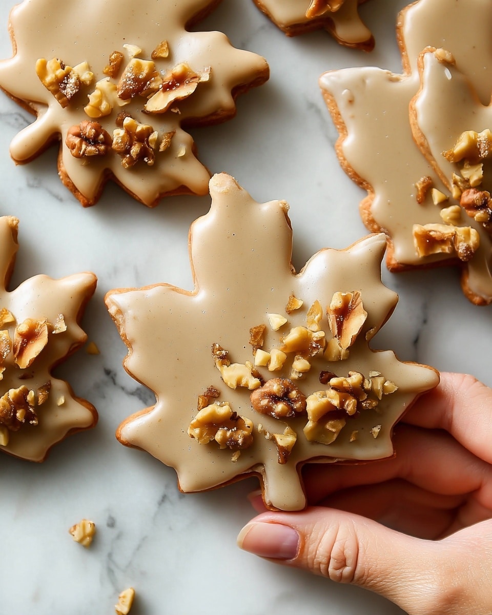 A close-up view of several cookies shaped like maple leaves with a smooth light brown icing covering their top layer, sprinkled with small pieces of chopped walnuts mostly on one side near the bottom of each cookie. The cookies’ edges are slightly darker, showing a baked texture, and they rest on a white marbled surface. A woman's hand is seen gently holding one cookie by its edge between her thumb and forefinger. Photo taken with an iphone --ar 4:5 --v 7