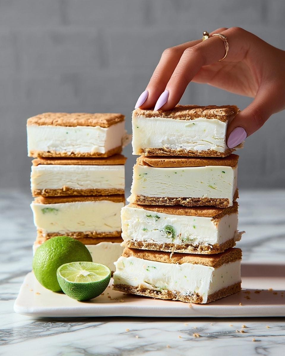 The image shows two tall stacks of ice cream sandwiches on a white rectangular plate placed on a white marbled surface. Each ice cream sandwich has three layers: a top and bottom layer of light brown, crumbly cookie and a thick middle layer of pale cream-colored ice cream with small bits of green zest inside. A woman's hand with light pink nails is holding the top sandwich on the right stack. In front of the plate lies a halved green lime. The background is a simple gray wall. photo taken with an iphone --ar 4:5 --v 7