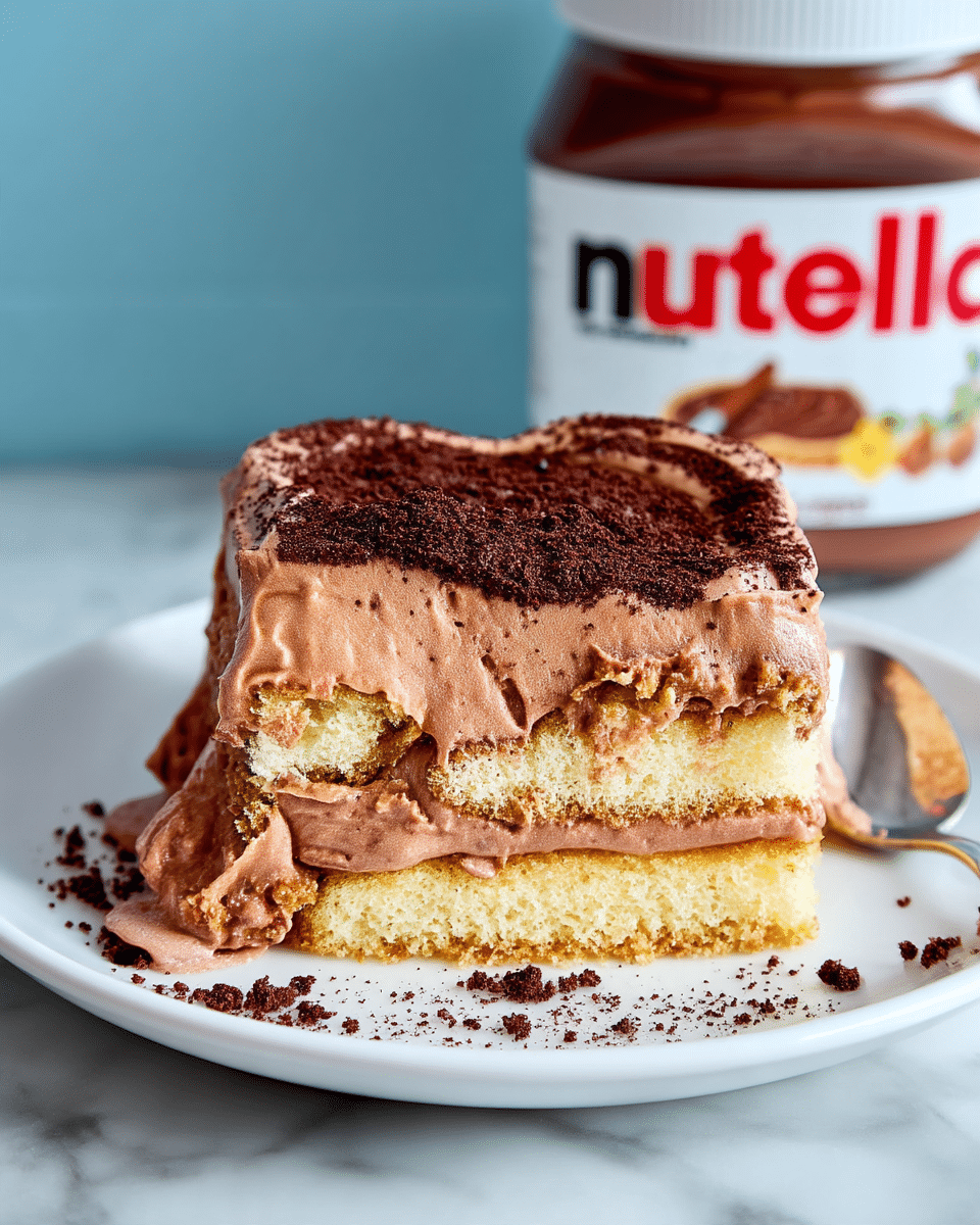 A close-up of a layered dessert on a white plate shows a bottom layer of light yellow sponge cake with a soft, crumbly texture. On top is a thick, smooth layer of light brown chocolate cream covering the cake unevenly and topped with dark brown chocolate crumbs sprinkled across the surface. A silver spoon digs into the dessert on the right edge of the plate. Next to the plate is the edge of a large nutella jar with a white label and big red letters. The background is a soft blue wall, and the plate rests on a white marbled surface. Photo taken with an iphone --ar 4:5 --v 7