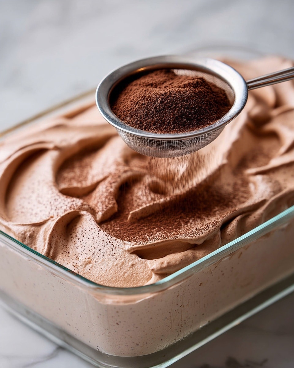 A close-up view of a dessert in a clear glass dish showing a smooth, light brown mousse or cream layer spread thickly with soft swirls and peaks on top. Over this layer, a fine dark brown powder is being dusted from a silver metal sieve held just above the surface. The background is a white marbled texture. photo taken with an iphone --ar 4:5 --v 7