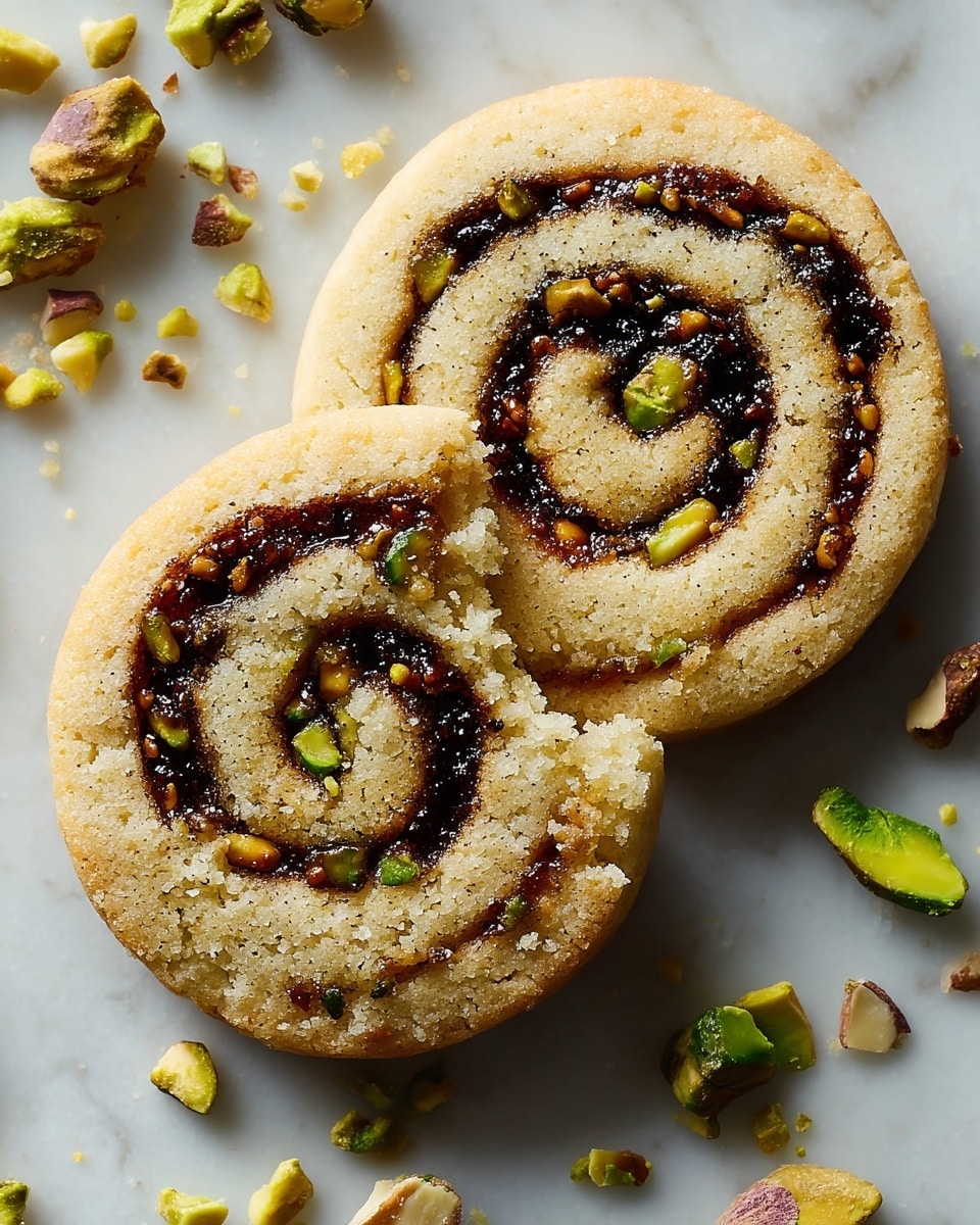 Two round spiral cookies lie on a white marbled surface. Each cookie has two visible layers: the outer thick layer is pale beige with a soft, crumbly texture, while the inner spiral layer is glossy dark brown with small greenish pieces scattered throughout. Around the cookies are a few chunks of pistachio nuts in light green shades. The top cookie shows a small bite taken out from its edge, revealing the soft inside. photo taken with an iphone --ar 4:5 --v 7