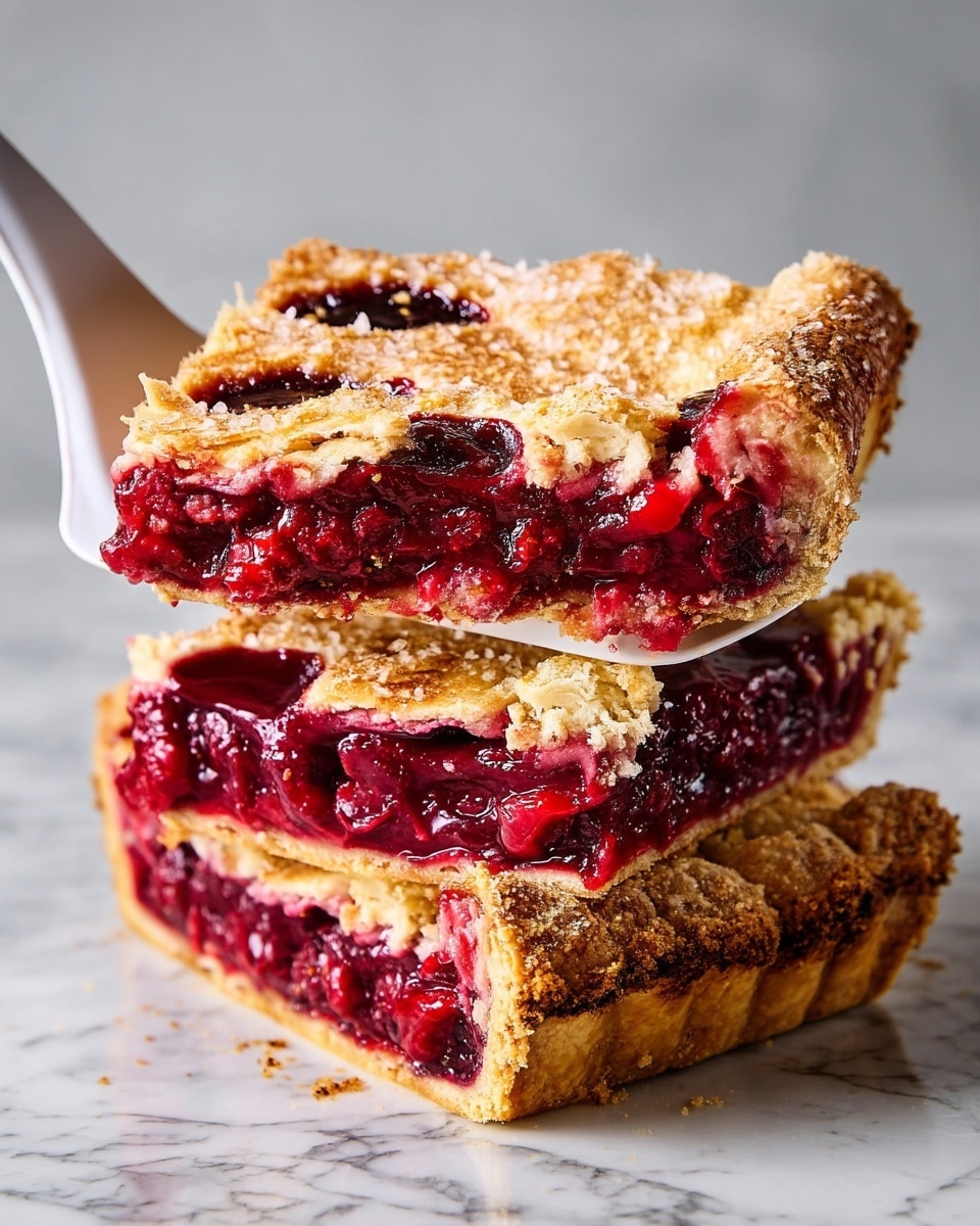 A slice of berry pie with three layers is being lifted by a white spatula. The bottom layer is a golden-brown crust that looks crumbly but firm. In the middle is a thick, deep red berry filling that is juicy and textured with whole berries visible. The top layer is a golden crust with coarse sugar sprinkled on it, giving it a crunchy texture and sparkling appearance. The pie is inside a white dish resting on a white marbled surface. Photo taken with an iphone --ar 4:5 --v 7