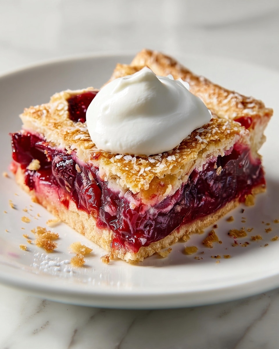 A square piece of dessert with three layers is shown on a white plate over a white marbled surface. The bottom layer is a deep red, glossy berry filling with visible fruit chunks. The middle layer is a thin, light pink layer that acts as a base for the top crust. The top layer is a golden brown crust sprinkled with coarse sugar crystals that catch the light. A dollop of smooth, white cream sits on the middle of the crust. Small crumbs and bits of filling are scattered around the dessert on the plate. Photo taken with an iphone --ar 4:5 --v 7