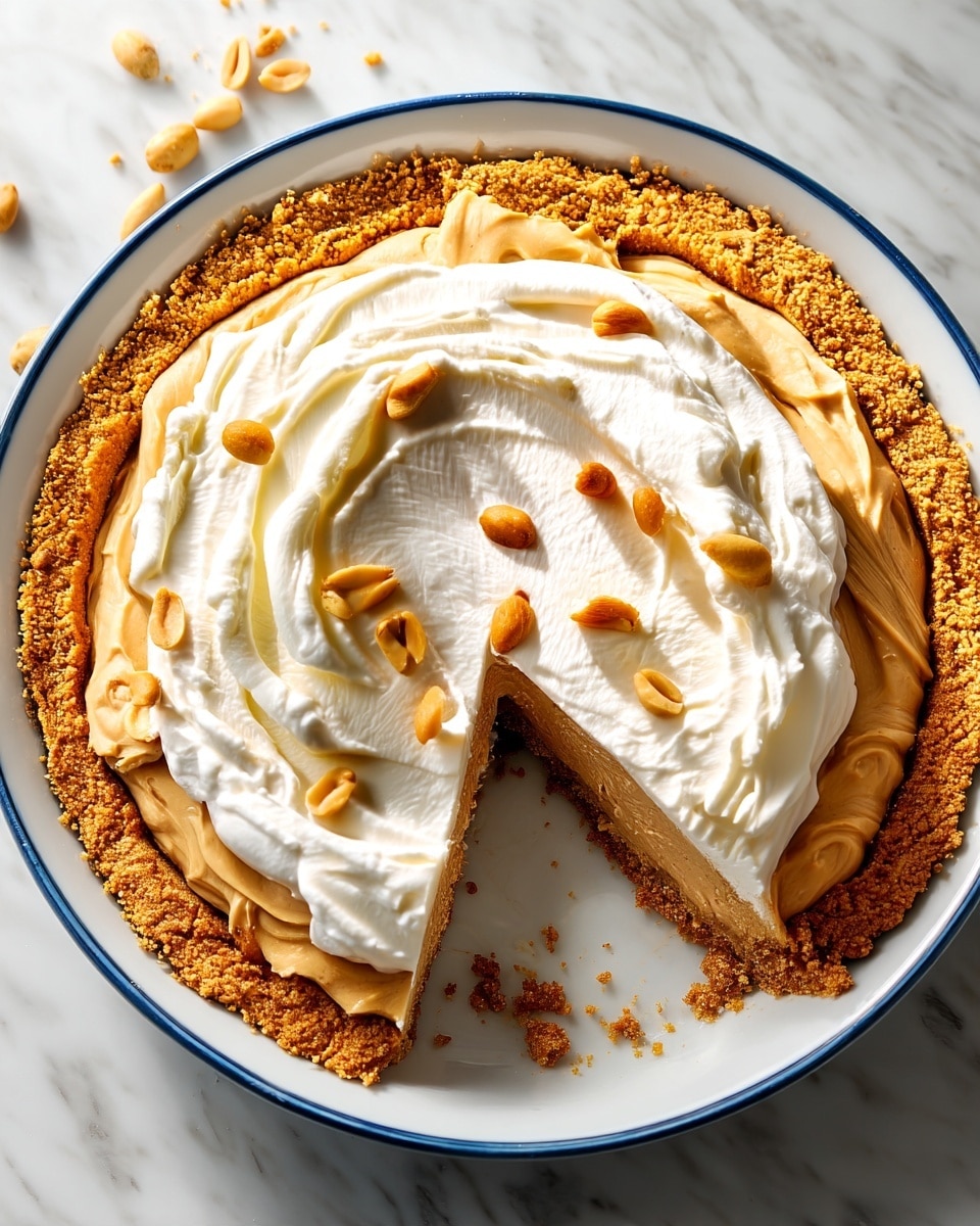 A creamy peanut butter pie features three clear layers on a white plate with a blue rim, set on a white marbled surface. The bottom layer is a golden brown crumbly crust pressed evenly around the edges. Above the crust, there is a thick layer of smooth, light brown peanut butter filling spread evenly. The top layer is a generous swirl of fluffy white whipped cream, decorated with scattered whole peanuts. One slice of the pie is cut and slightly pulled out, showing the neat layers inside. photo taken with an iphone --ar 4:5 --v 7