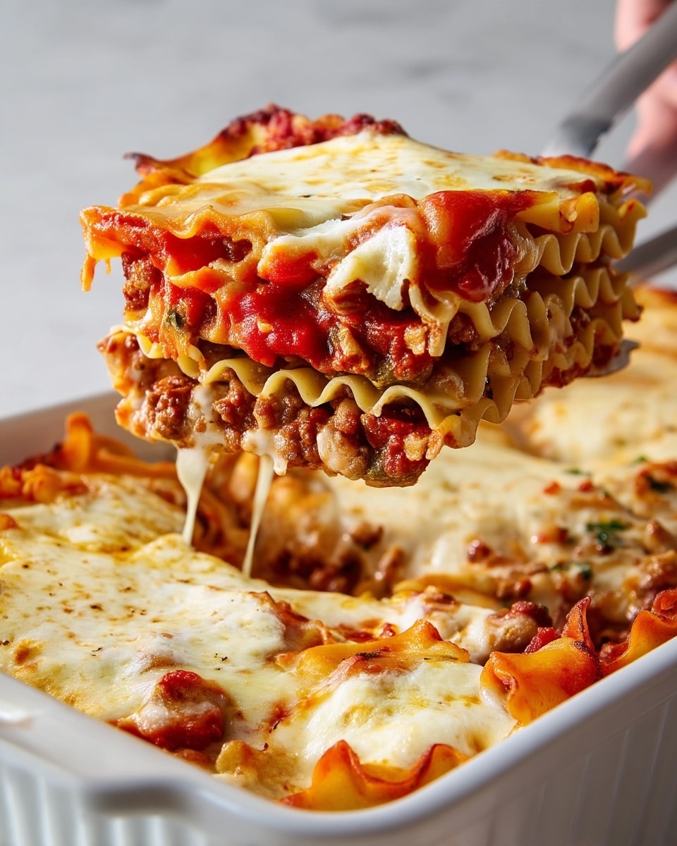 A close-up view of a lasagna slice being lifted from the white baking dish, showing multiple layers starting with a slightly browned melted cheese layer on top, underneath is a red tomato sauce layer with visible chunks, followed by wavy pasta layers with browned edges, and a rich mix of meat sauce with herbs in between. The melted cheese on top looks creamy and bubbly with a few browned spots, while the pasta layers have a soft and slightly crispy texture on the edges. The background is a white marbled texture, and a knife is lifting the slice. photo taken with an iphone --ar 4:5 --v 7